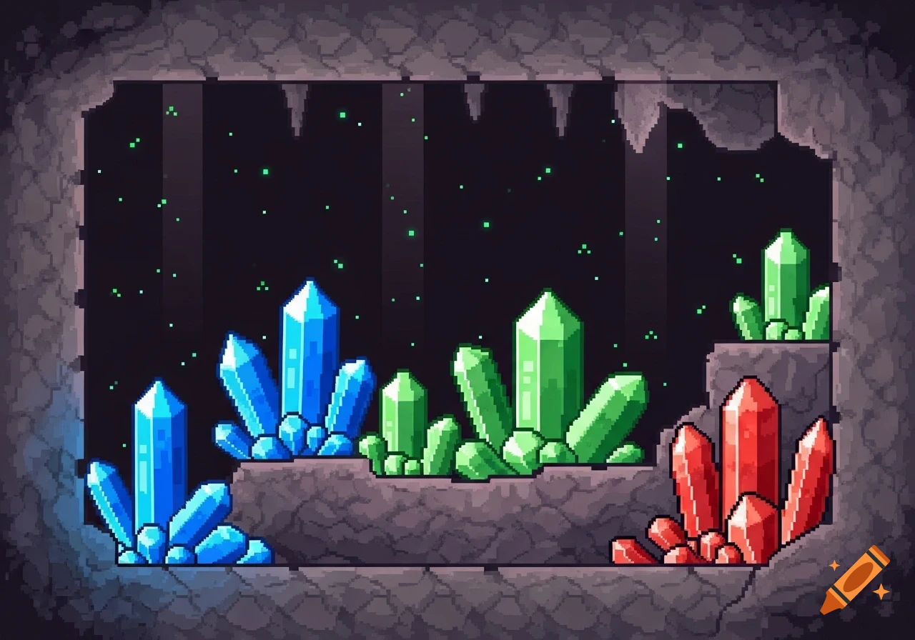 Pixel art of a dark cave with glowing blue, green, and red crystal deposits on rocky ledges.