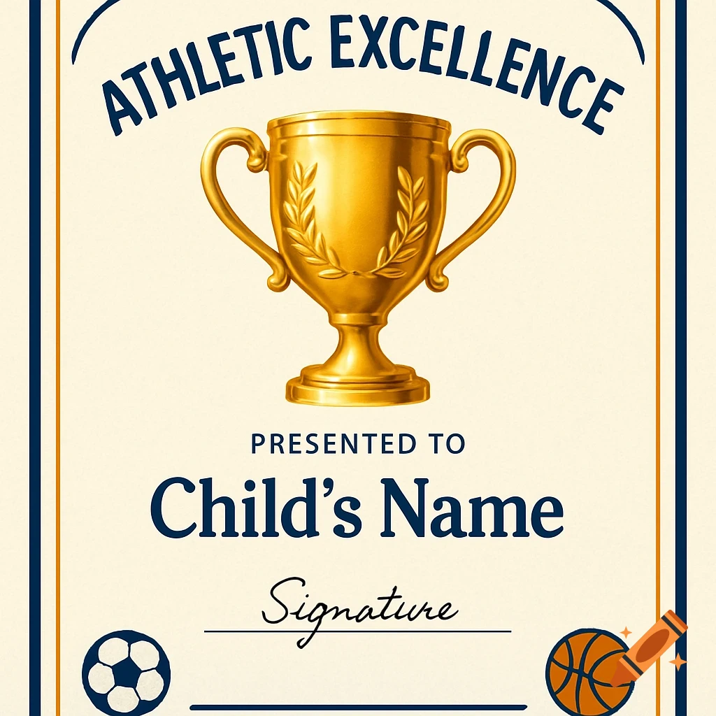 An "Athletic Excellence" certificate with a golden trophy, a soccer ball, and a basketball, featuring placeholders for a child's name and signature.