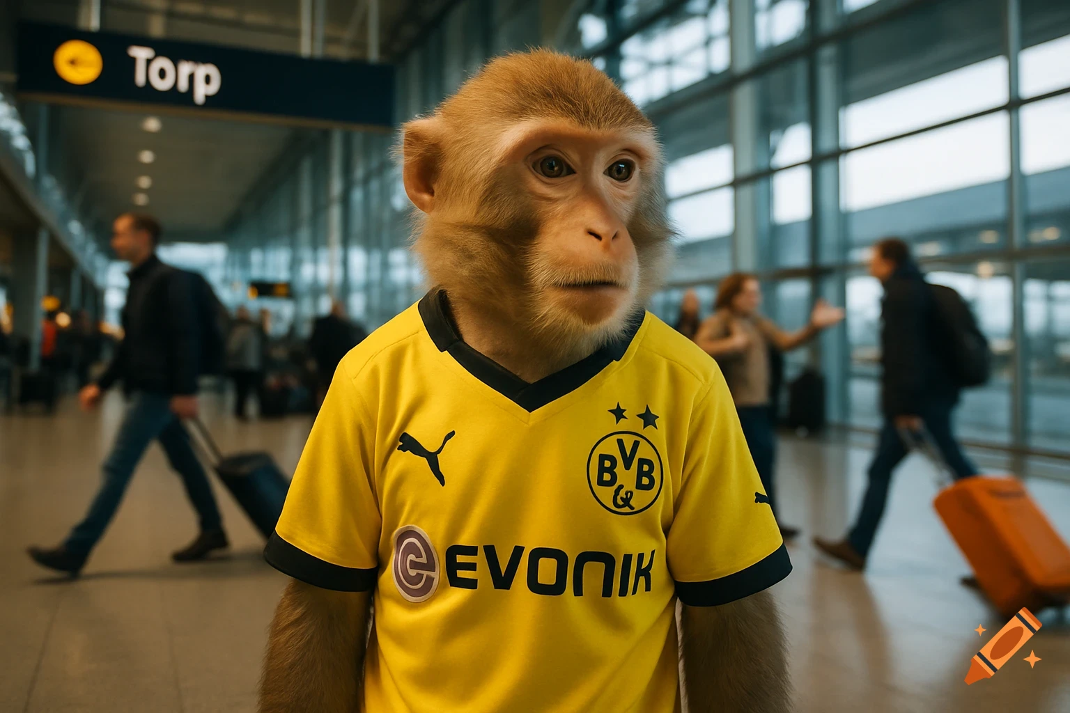 A realistic monkey wearing a yellow Borussia Dortmund BVB jersey stands in a busy airport with a "Torp" sign in the background.