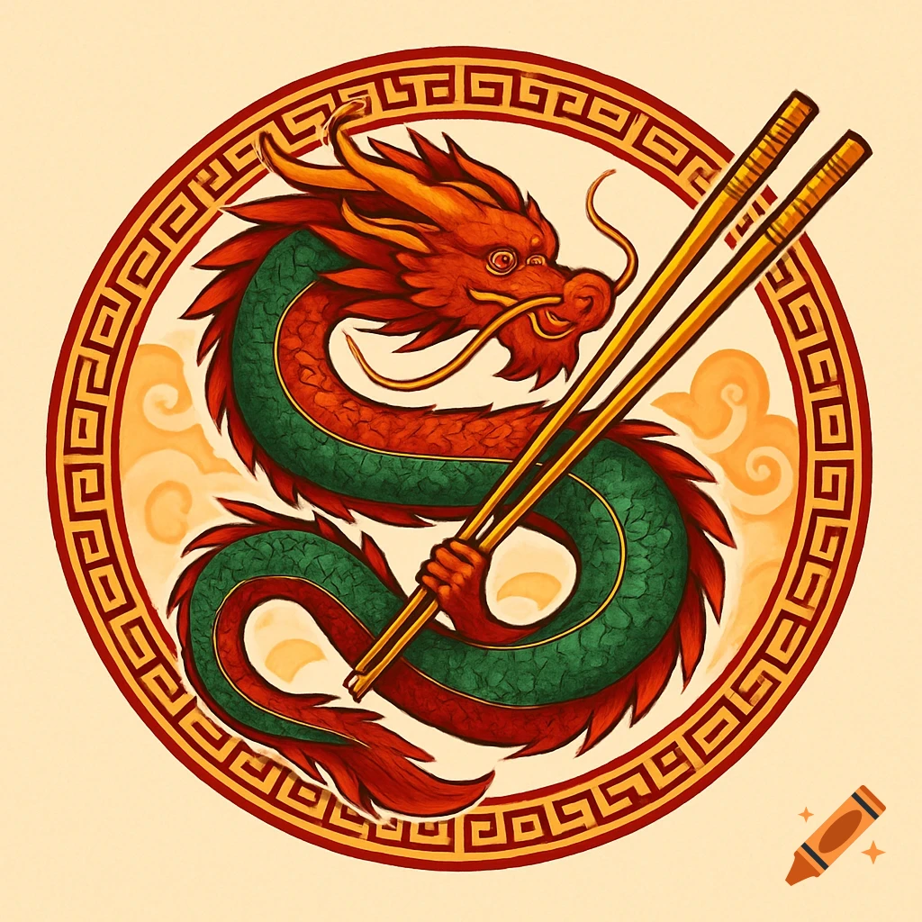 A red and green stylized dragon holding golden chopsticks within a circular, Asian-patterned border against a pale yellow background.