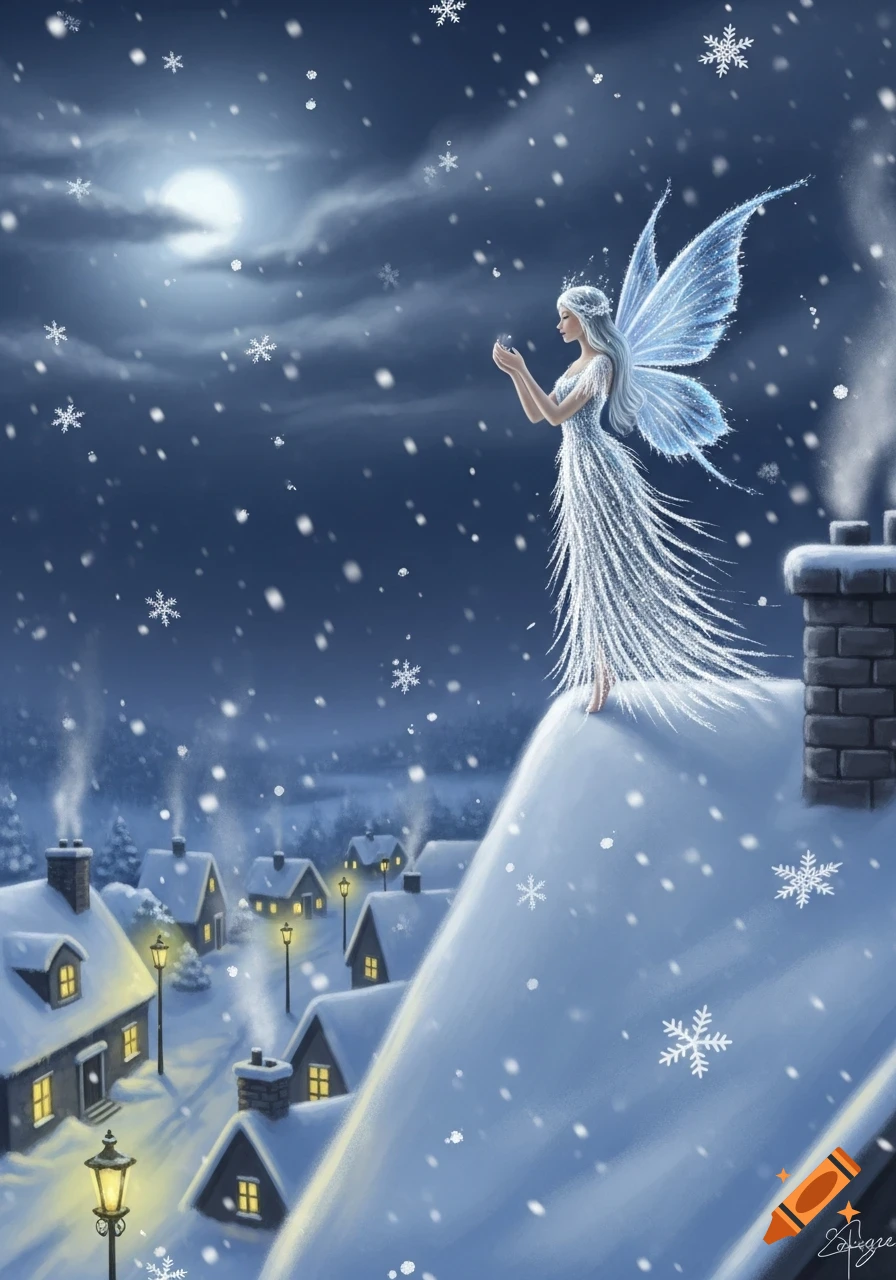 A glowing fairy with delicate wings stands on a snow-covered rooftop in a moonlit winter village, holding a shimmering light.
