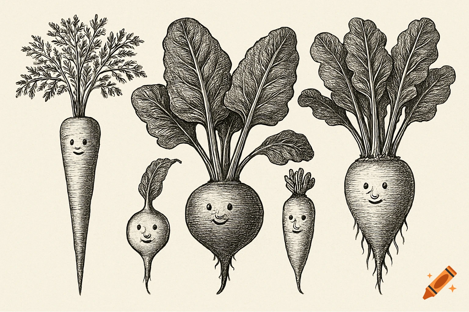 Five different root vegetables, including carrots and beets, with smiling faces, depicted in a detailed black and white botanical illustration style.