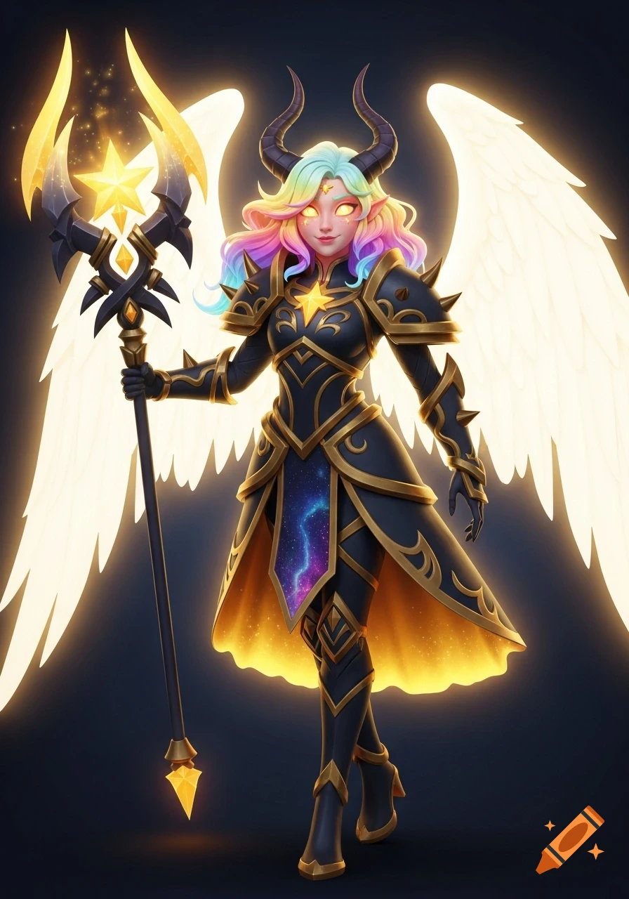 A 3D animated fantasy character, Seraphina, with rainbow hair, horns, glowing eyes, and large white wings, wears black and gold armor, holding a star-tipped staff.
