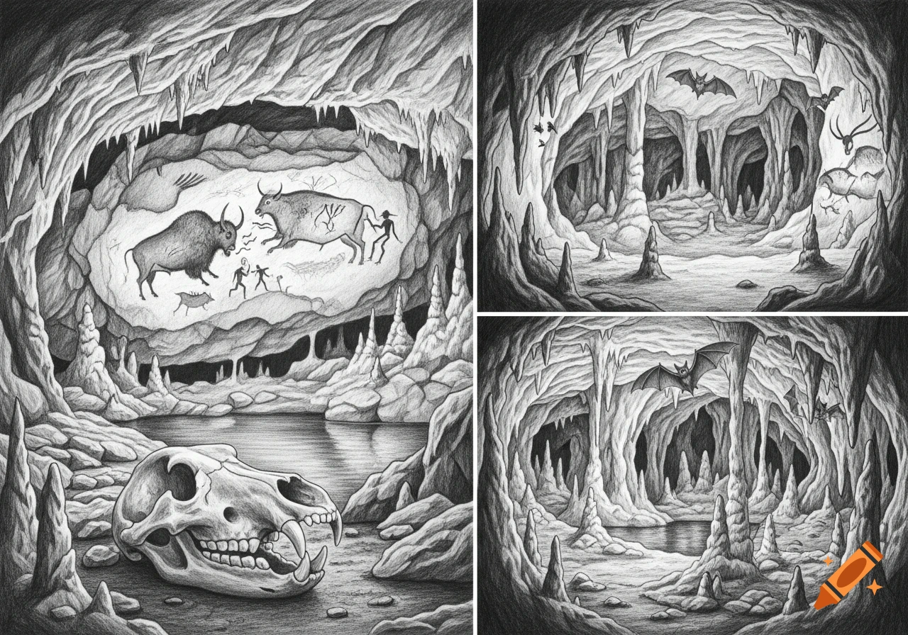 Grayscale pencil drawing of a cave with prehistoric cave paintings, a bear skull by an underground lake, stalagmites, stalactites, and bats.