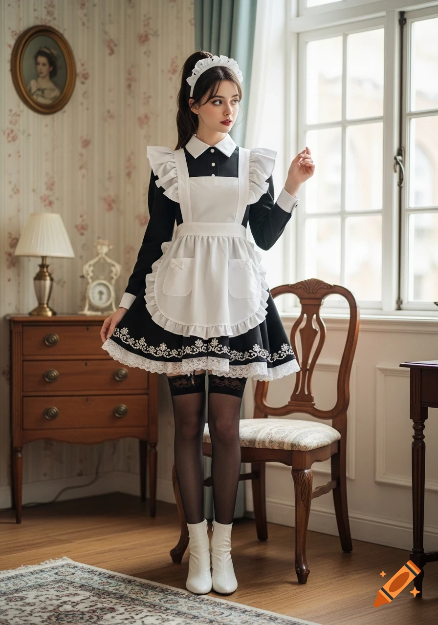 A young woman in a black and white maid uniform, black stockings, and white boots stands in a room with patterned wallpaper.