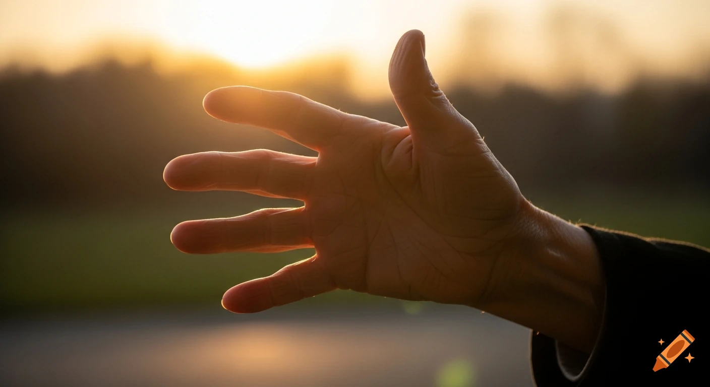 Photorealistic close-up of a human hand silhouetted against a warm, blurred sunset sky and dark foreground.