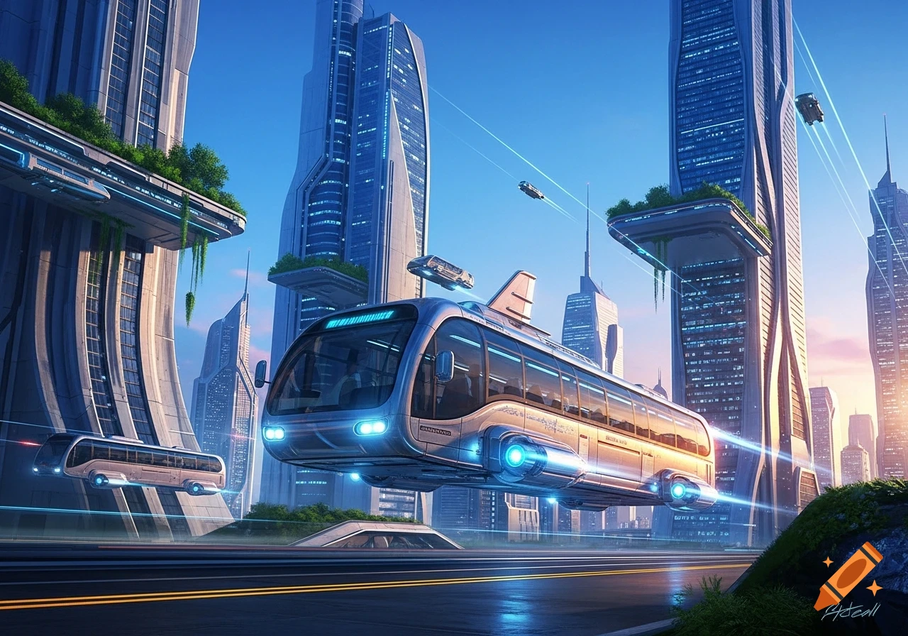 A futuristic city with towering skyscrapers and multiple flying buses, one prominent in the foreground, under a clear sky.