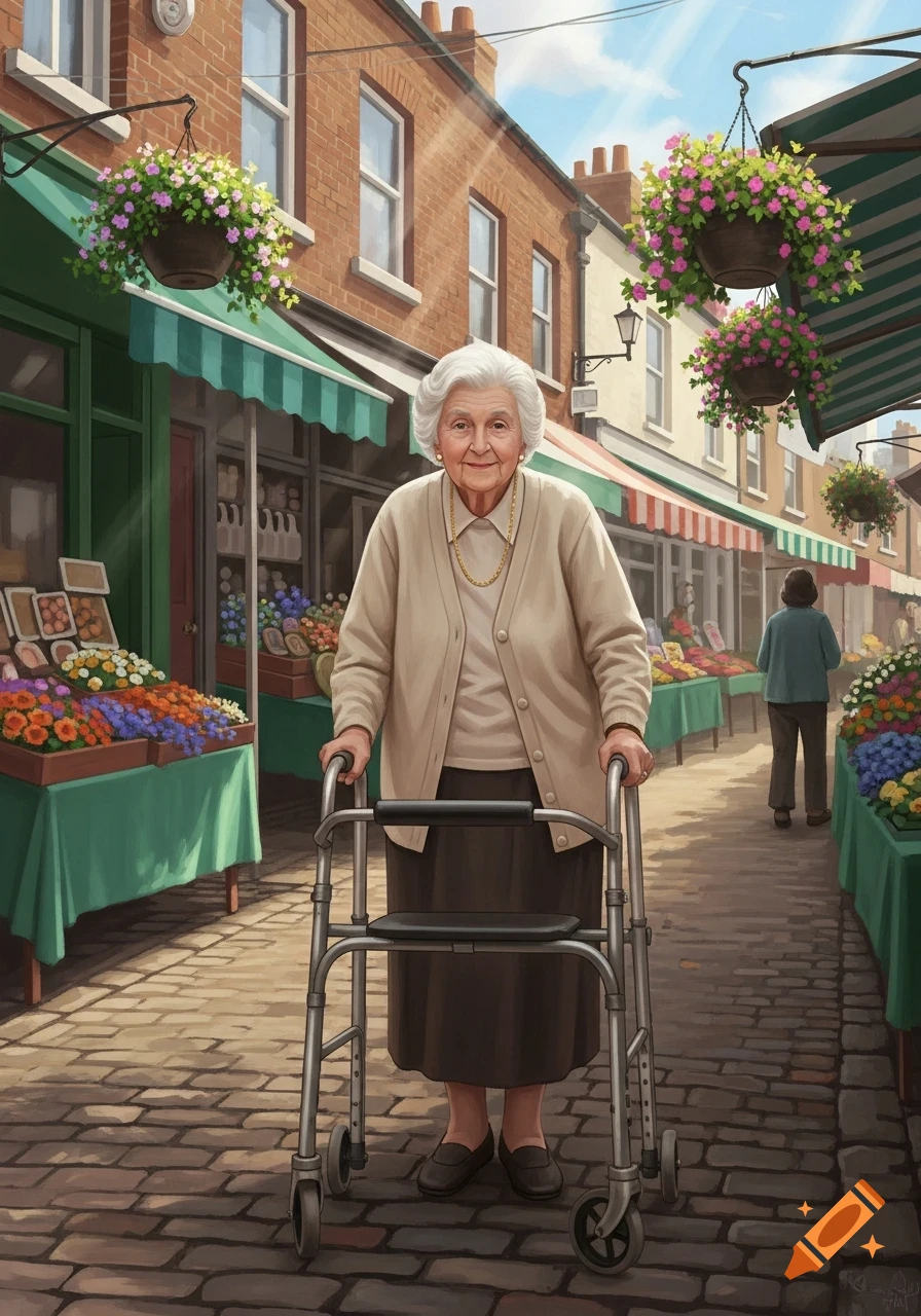 An elderly woman with white hair, a necklace, and a walker smiles in a sunny outdoor market filled with flowers.
