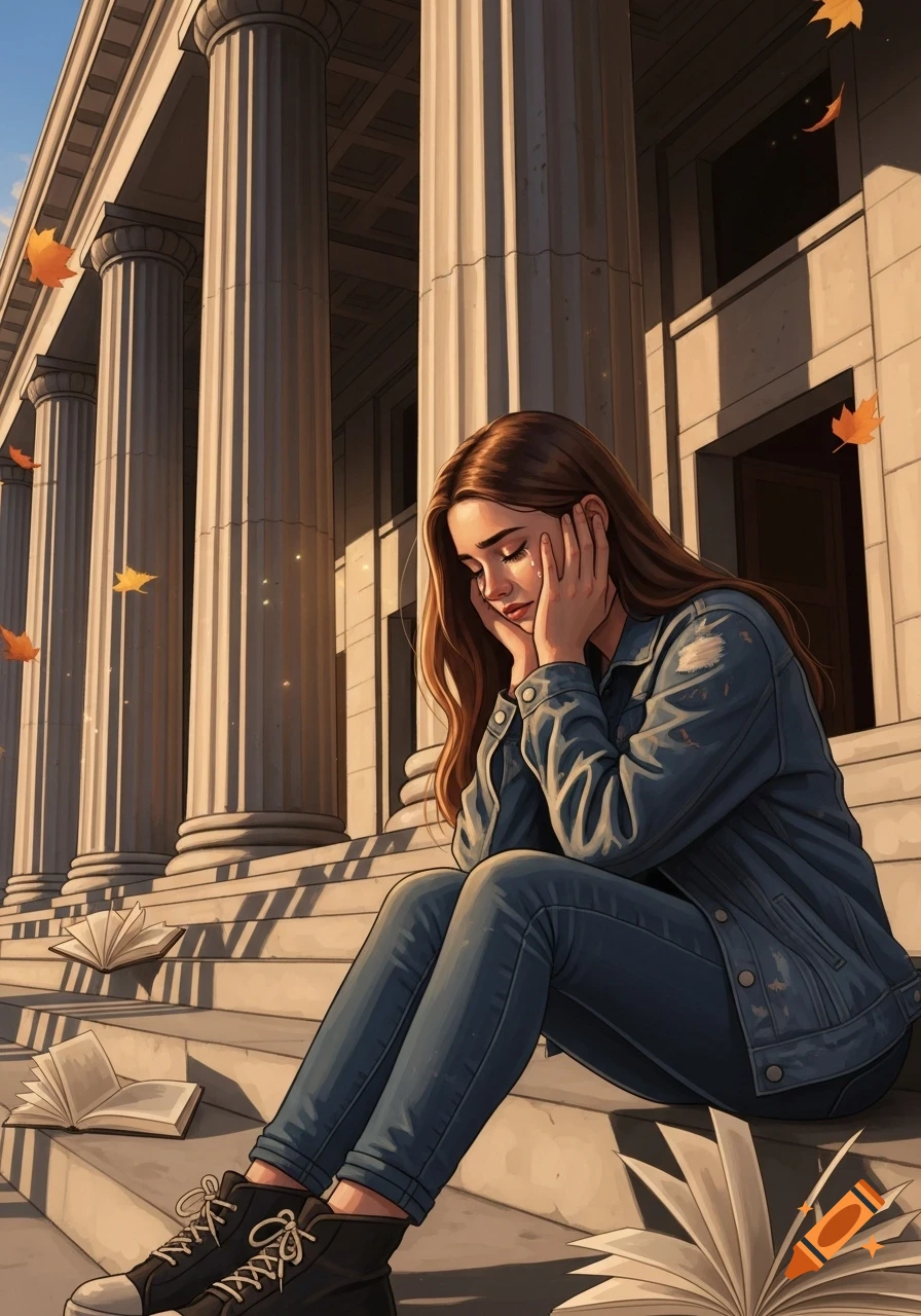 An illustration of a crying girl sitting on college steps with scattered books and autumn leaves, in digital art style.