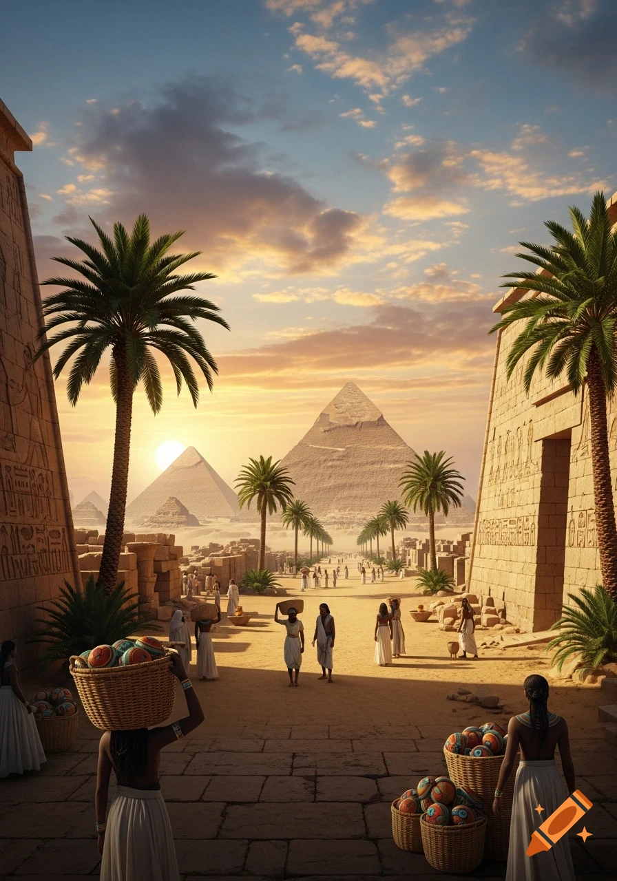 A vibrant, photorealistic view of ancient Egypt at sunset, featuring pyramids, palm trees, carved stone temples, and people on a path.