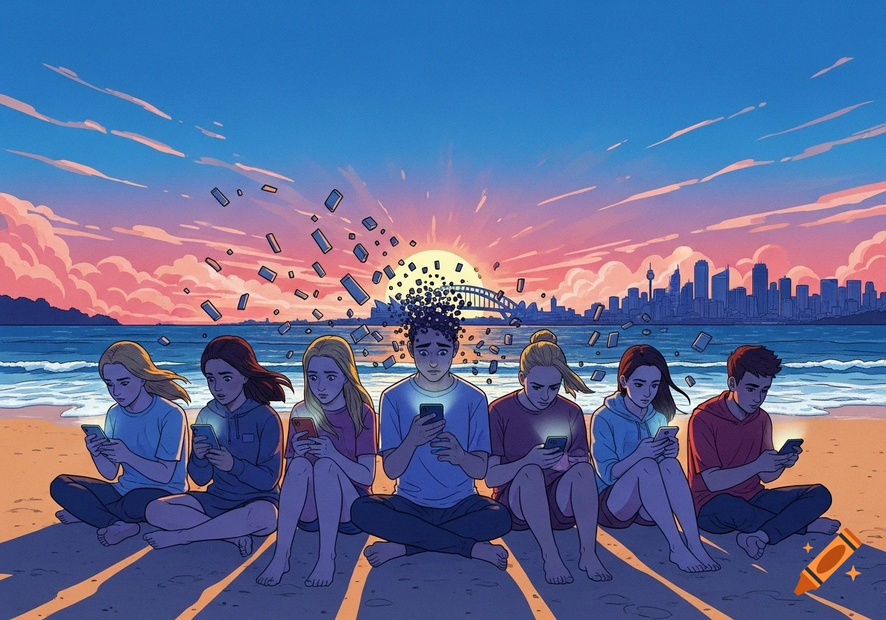 Seven teens on a beach at sunset are absorbed in phones, one's head fragments. Sydney skyline in background, illustration.