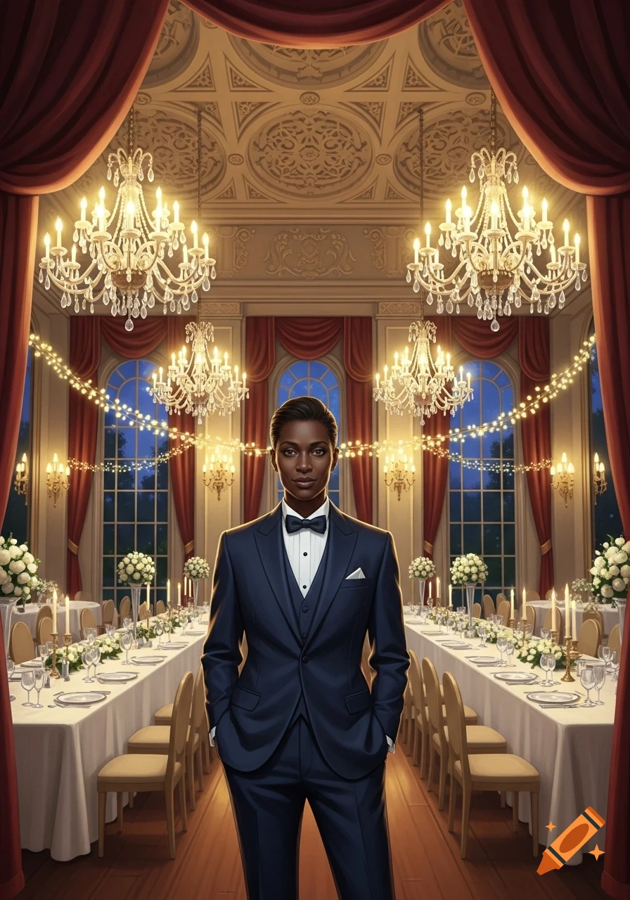 A person in a navy suit and bow tie stands confidently in a grand banquet hall with sparkling chandeliers and elegantly set tables.