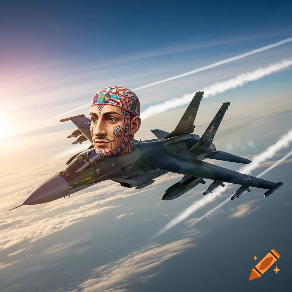 A fighter jet with a stylized human head, featuring traditional patterns and a mustache, where the cockpit should be, flying above clouds at sunset.