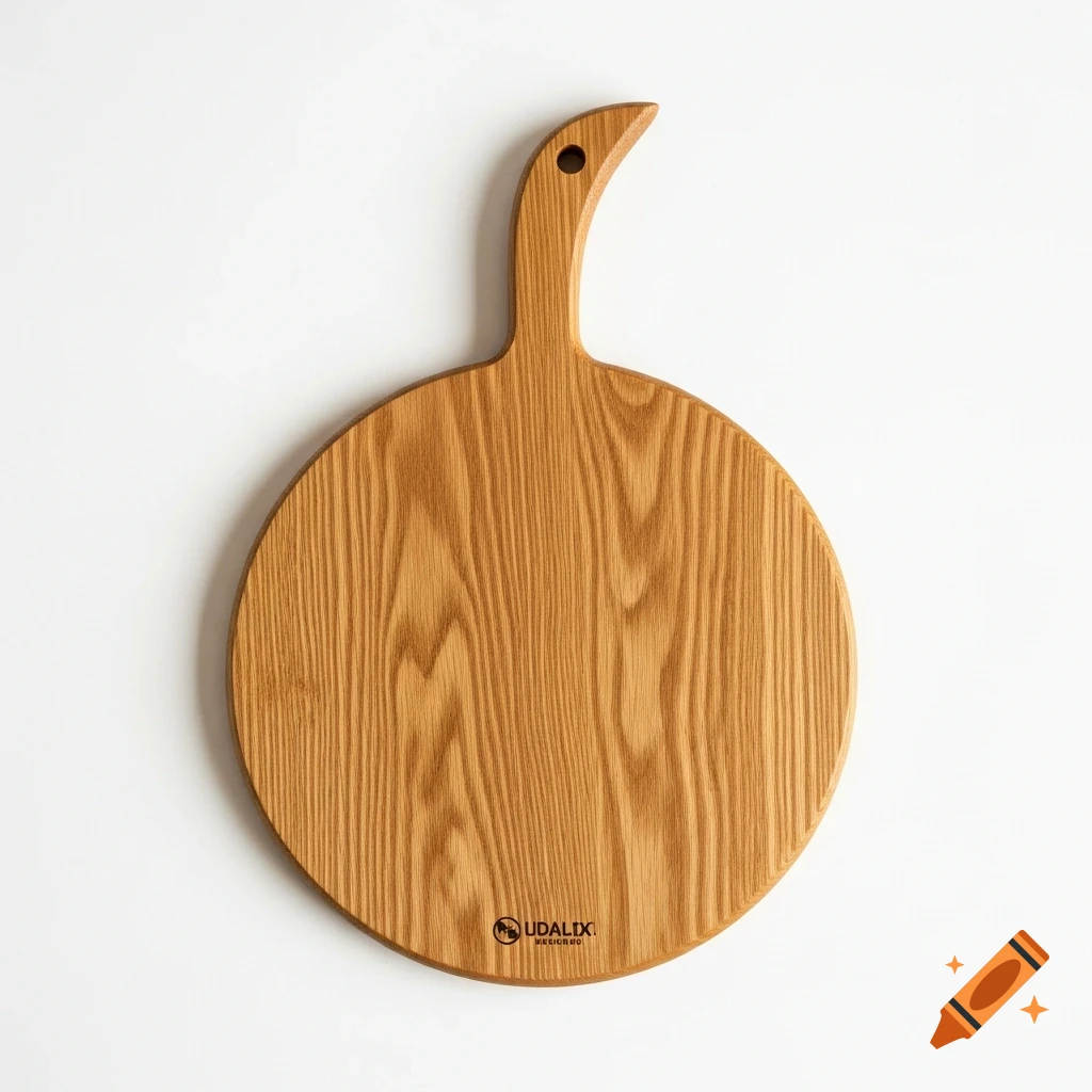 A round wooden cutting board with a curved handle, displaying natural wood grain on a white background.