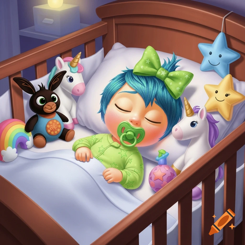 2D illustration of a sleeping baby with blue hair and green bow, in a crib with plush toys like a bunny, unicorns, and stars.