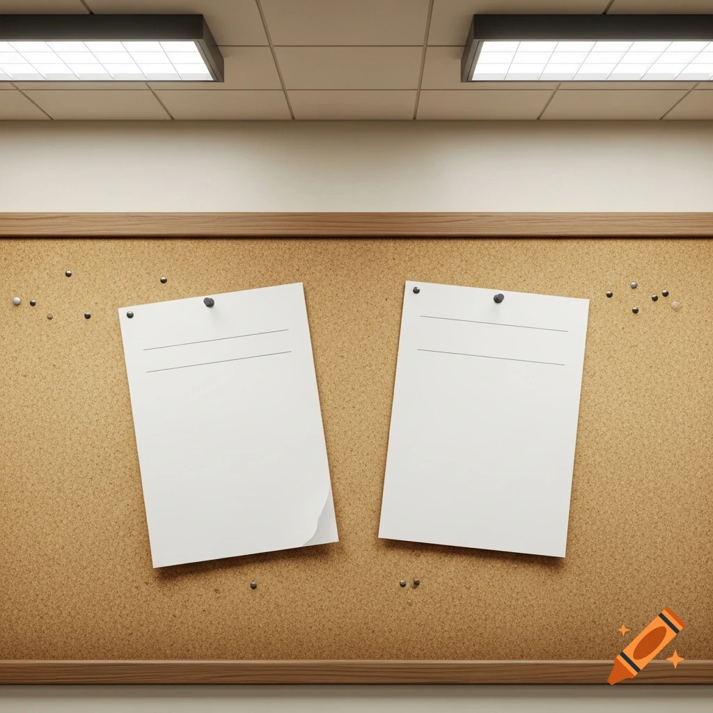 A photorealistic cork board with two blank white sheets of paper pinned to it, set against a white wall with fluorescent lights.