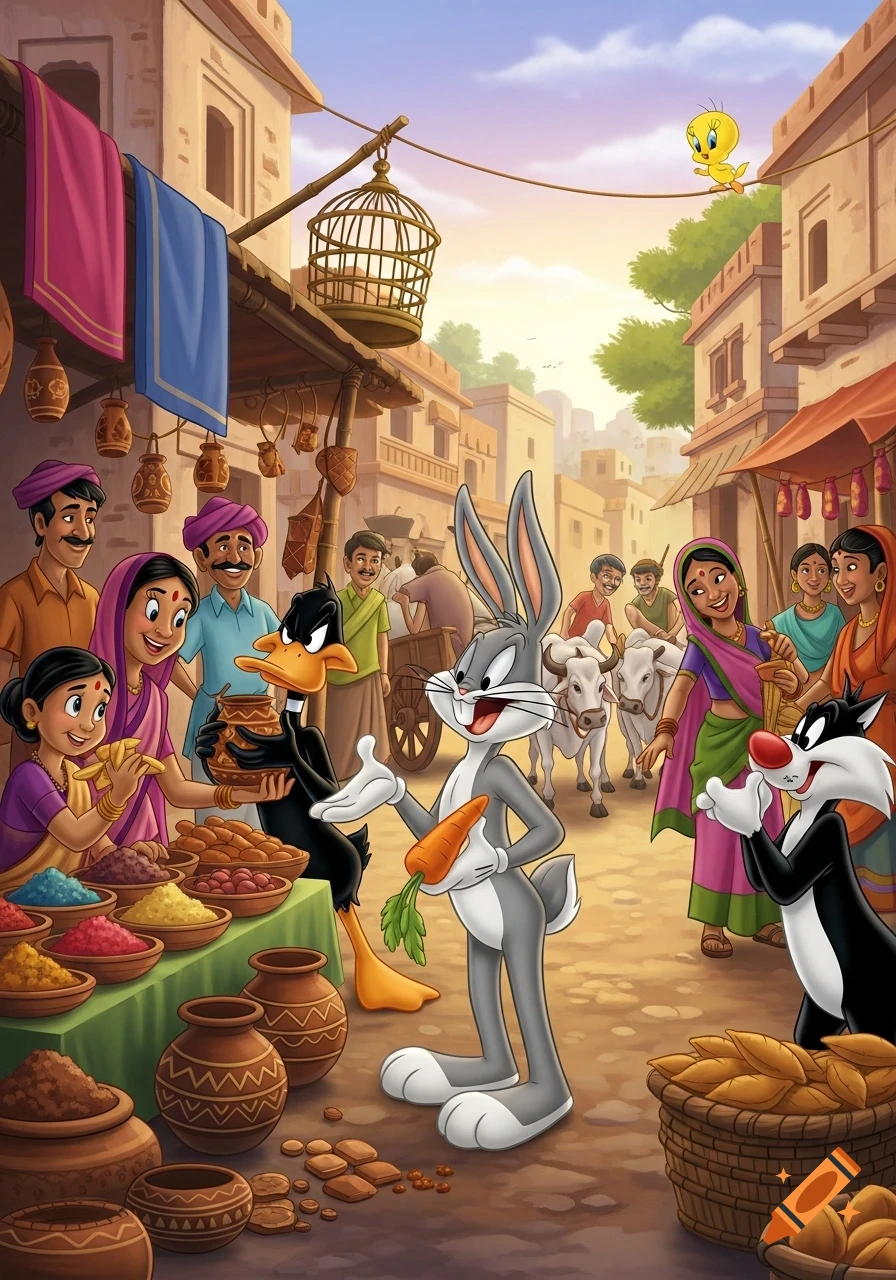 Bugs Bunny, Daffy Duck, and Sylvester the Cat interact with villagers at a vibrant Indian market in a colorful cartoon style.