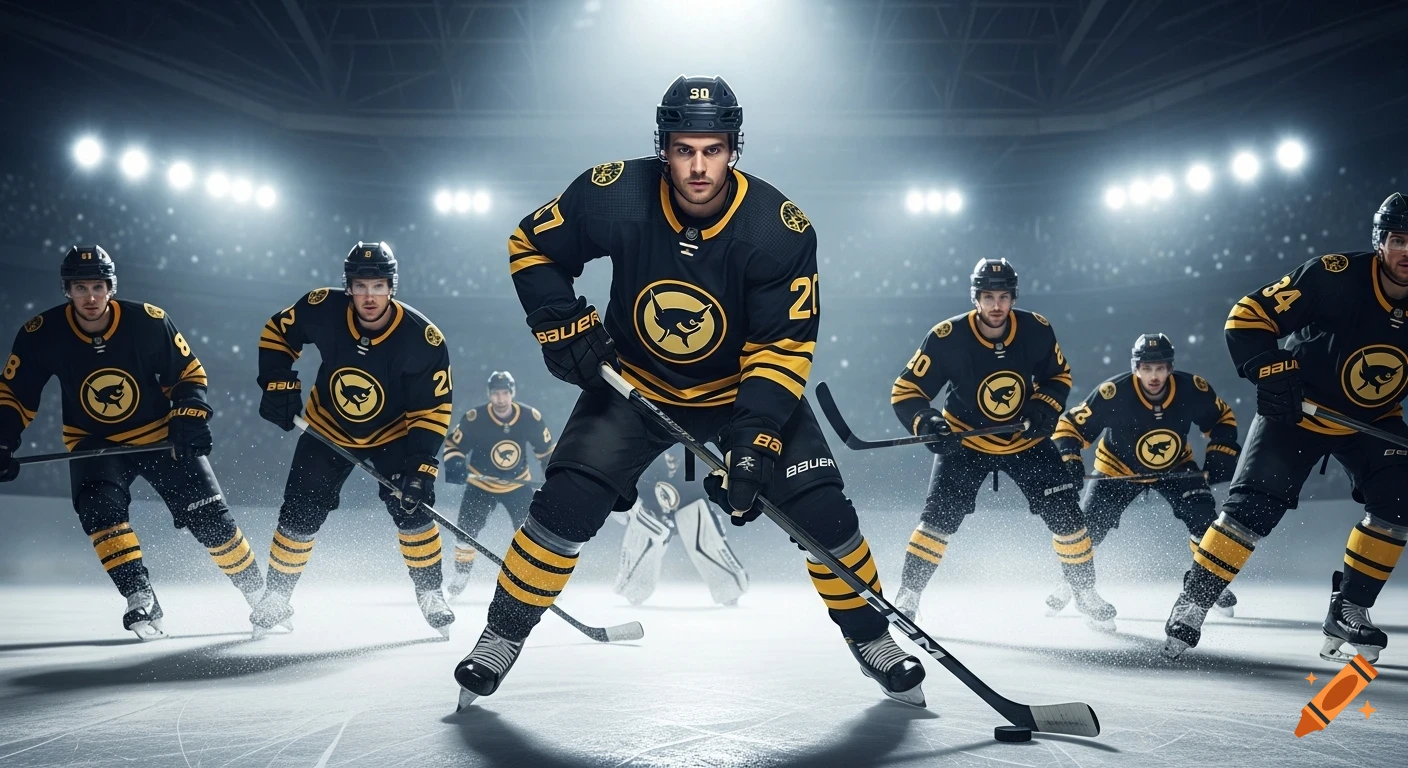 An ultra-realistic, dynamic action shot of several ice hockey players in black and yellow uniforms on a rink, led by a central player with a puck.