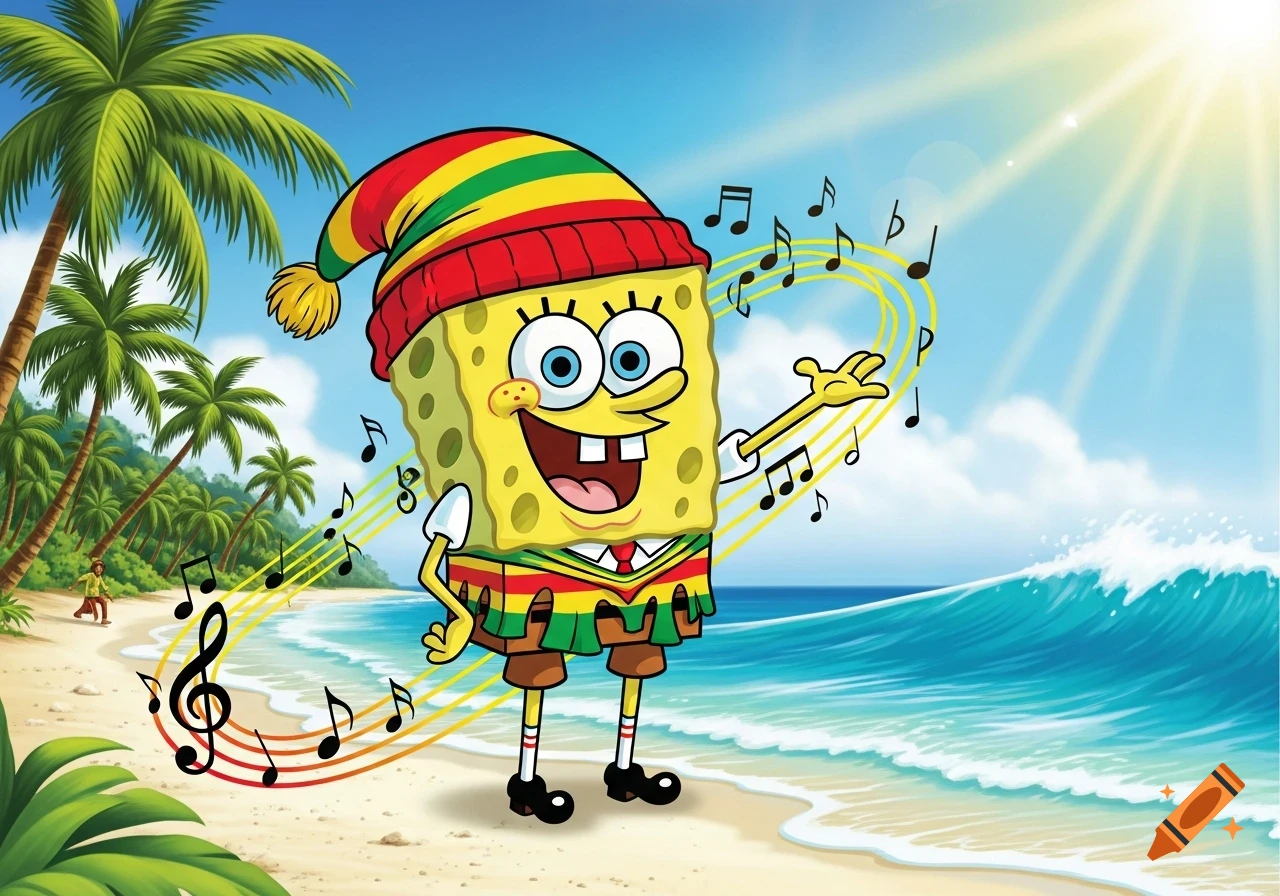 Spongebob Squarepants wearing a Rasta beanie and poncho, singing on a sunny beach with musical notes floating around him.