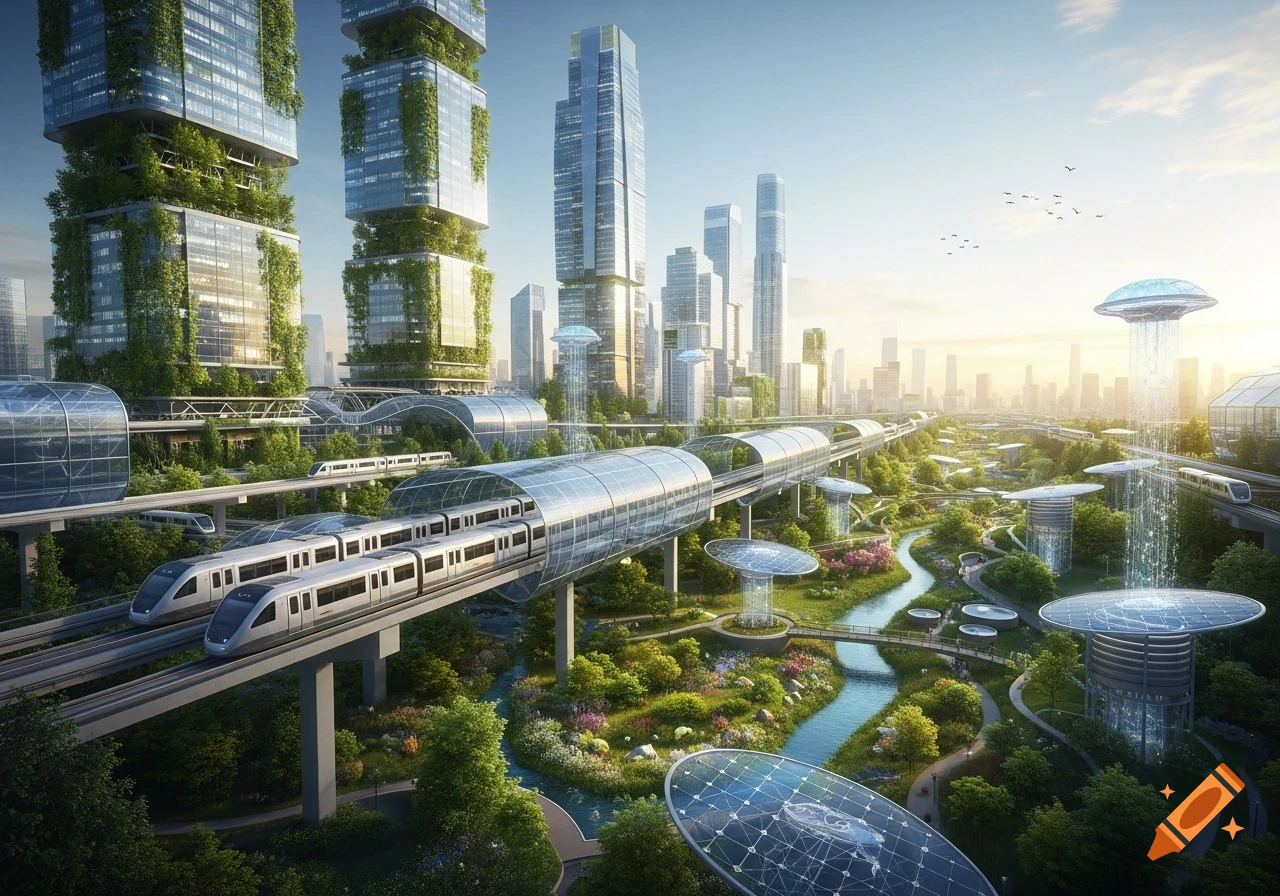 A vibrant, futuristic city with green skyscrapers, elevated trains, winding rivers, lush parks, and solar-powered structures.