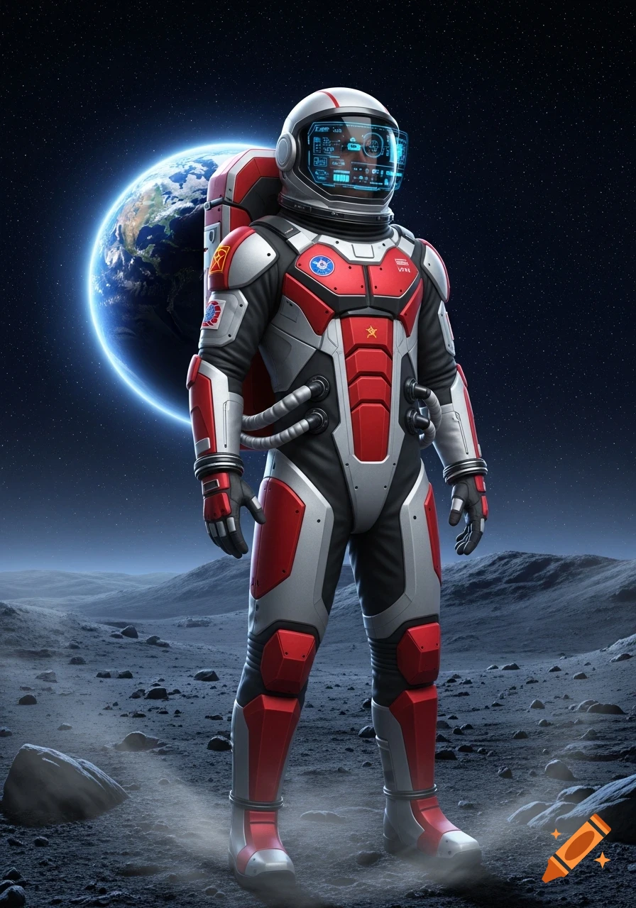 A modern red and silver cosmonaut stands on a rocky moon surface with a glowing Earth in the dark starry sky.