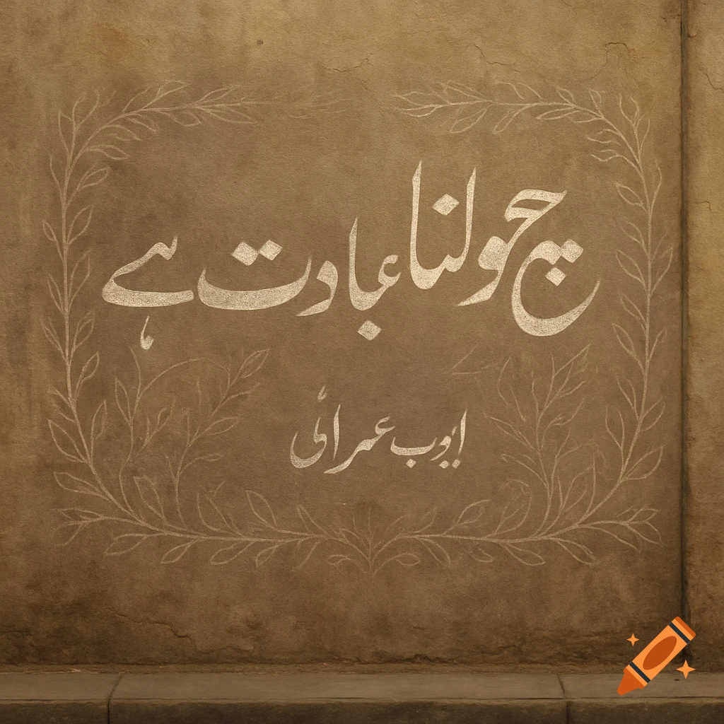 Urdu calligraphy reading 'Speaking truth is worship' and 'Ayub Umrani' on an aged, textured wall, framed by leaf outlines.