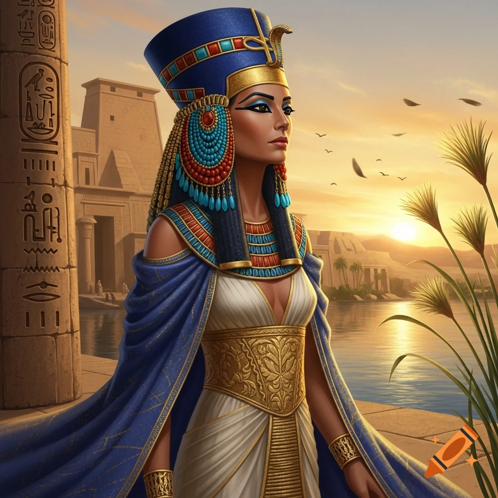 Beautiful Egyptian queen in a blue and gold headdress, elaborate jewelry, standing by a river with temples at sunset.