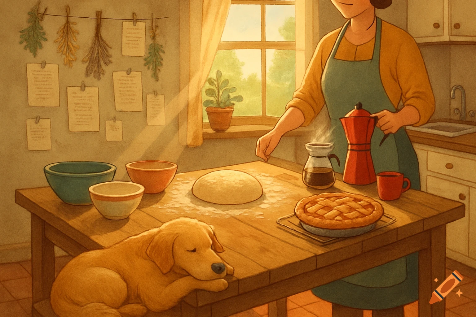 A woman bakes in a cozy kitchen, preparing dough on a wooden table next to a sleeping golden retriever and a freshly baked pie.