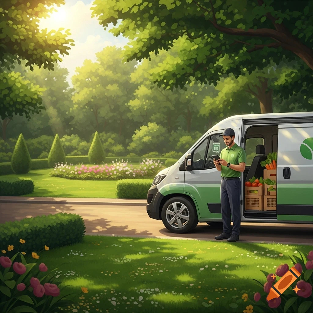 A delivery driver in a green shirt stands by a white and green van filled with produce, checking his phone in a sunny, lush garden with trees and flowers. The image has an illustrative style.