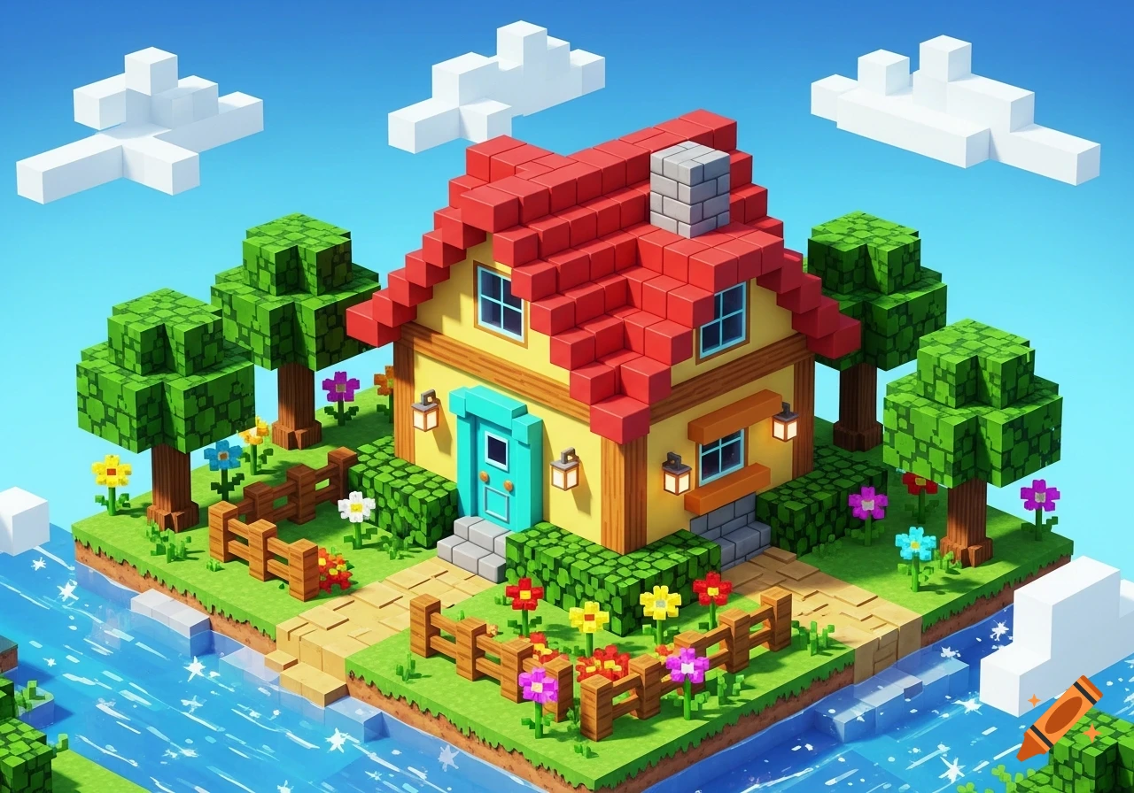 A vibrant pixel art cottage with a red roof, yellow walls, and a blue door, surrounded by trees, flowers, and a river under a blue sky.