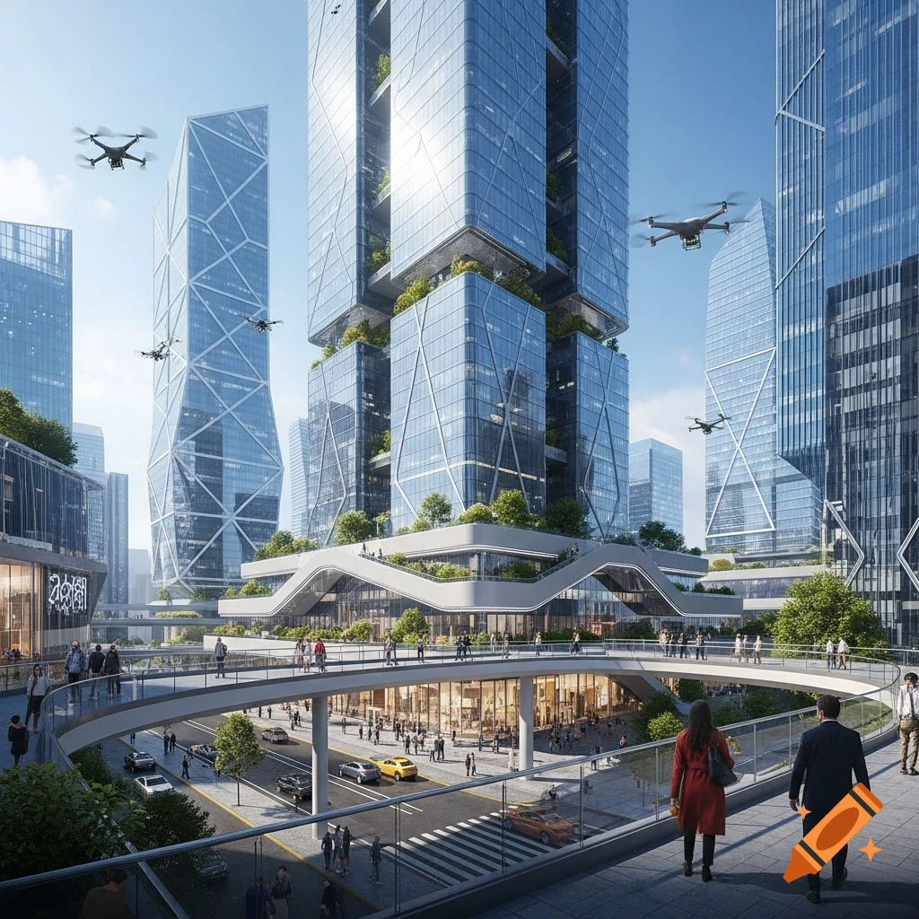 Photorealistic view of a bustling modern city with glass skyscrapers, elevated walkways, cars, pedestrians, and flying drones.