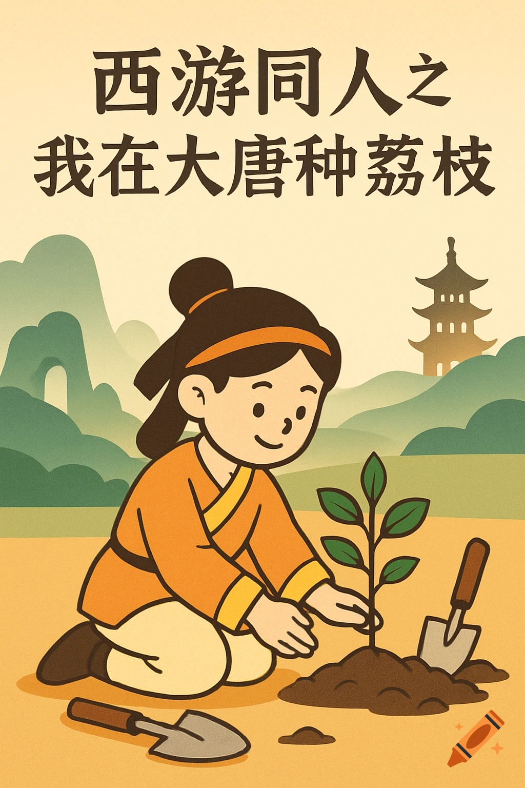 Cartoon style illustration of a child in ancient Chinese clothing planting a sapling, with mountains and a pagoda in the background. Chinese text at the top reads: "Journey to the West Fanfiction: I Plant Lychees in the Great Tang Dynasty."