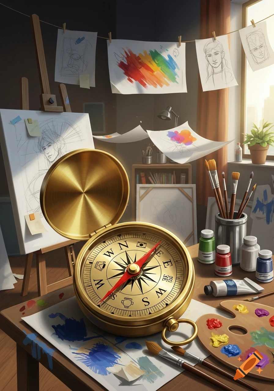 A detailed illustration of a golden compass on a wooden desk surrounded by art supplies, paint palettes, and sketches in an art studio.