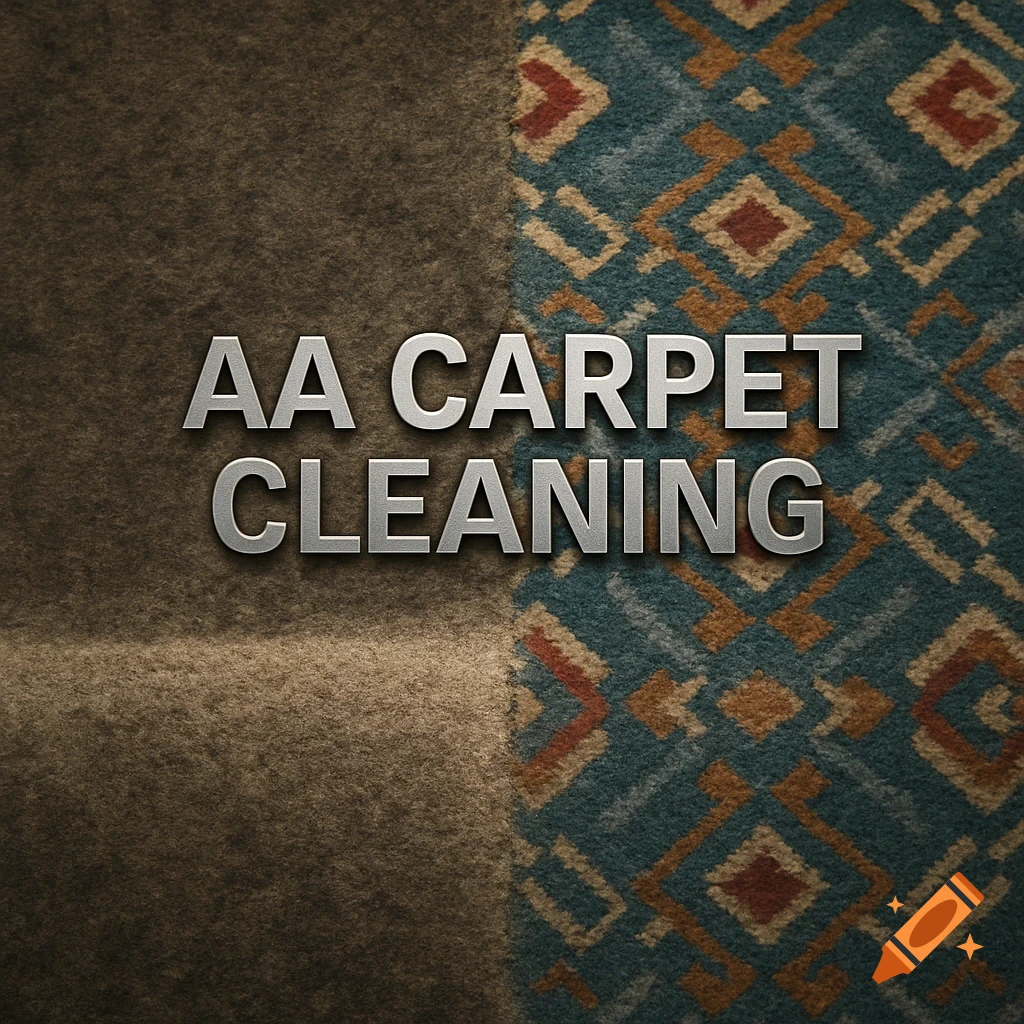 A dirty brown carpet on the left transitioning to a clean, blue patterned carpet on the right, with silver text 'AA CARPET CLEANING' overlayed.