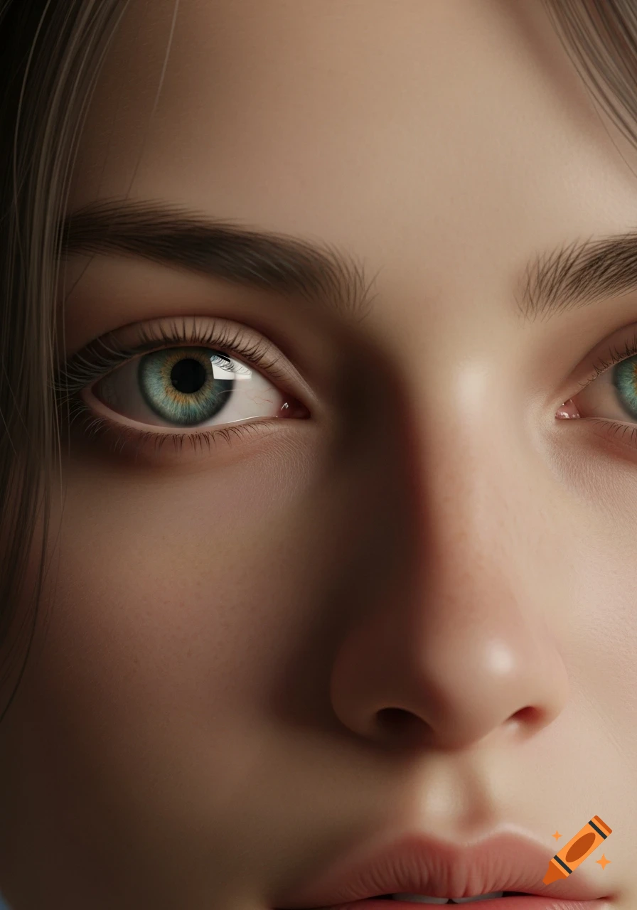 Close-up of a person's face with striking blue-green eyes and realistic skin texture.