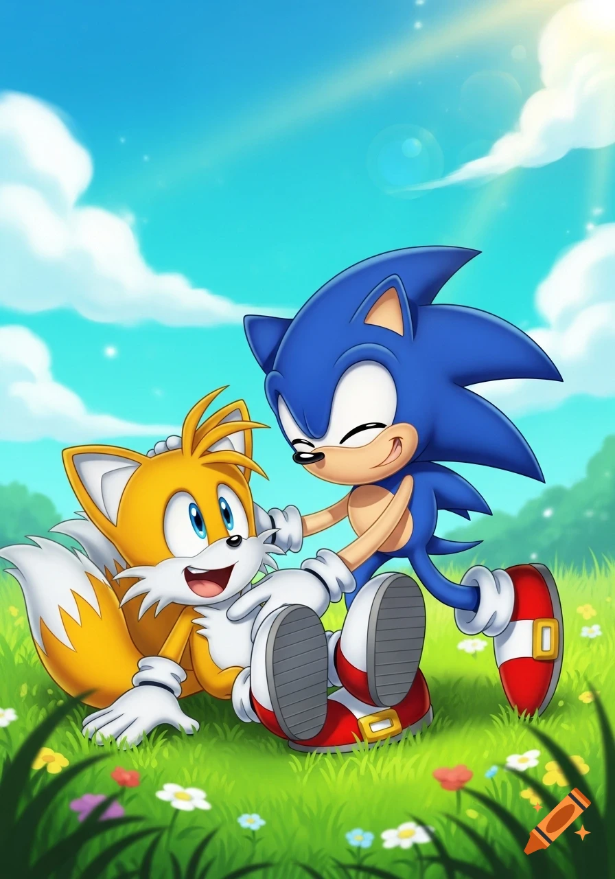 Sonic tickles Tails in a sunny, vibrant green field with a blue sky, in a cartoon style.