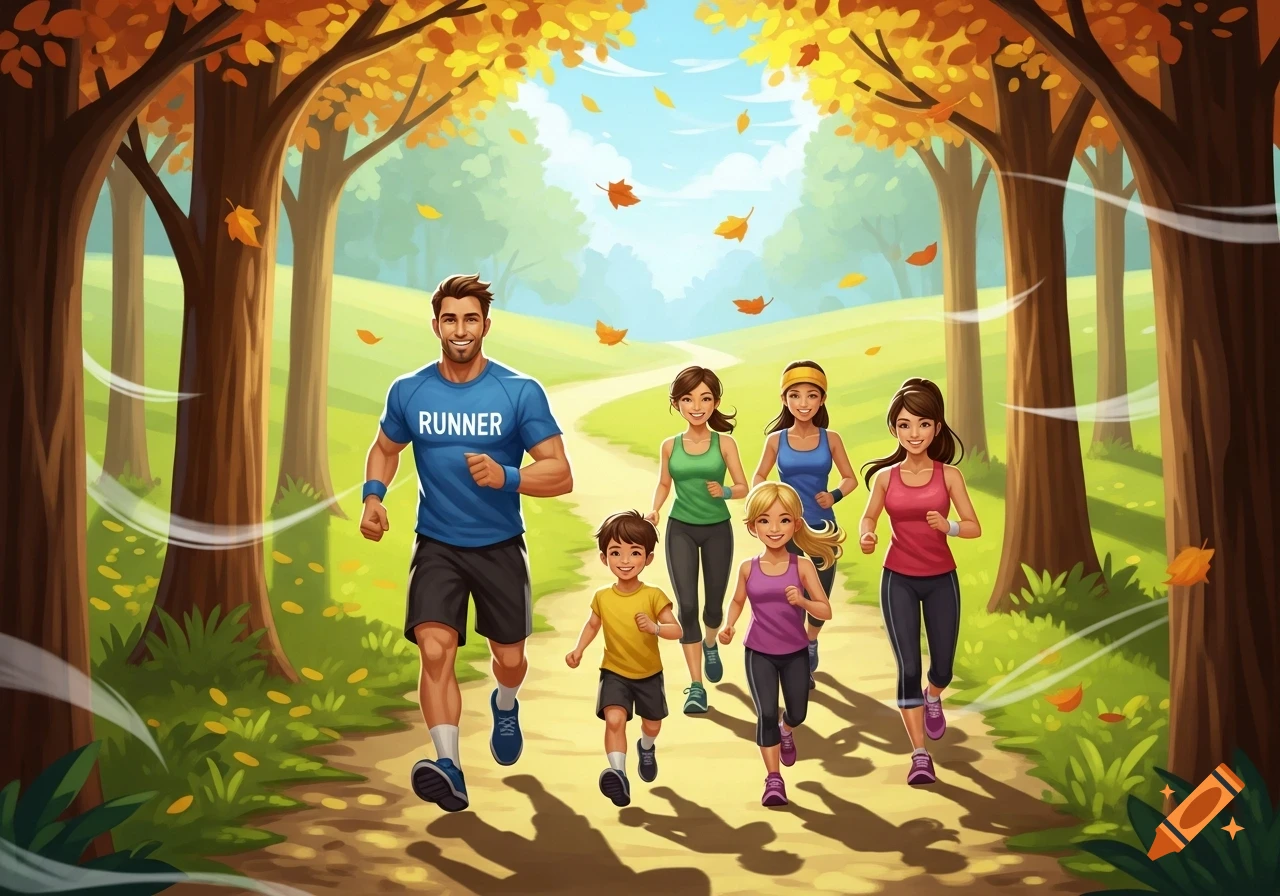 A cartoon family, including a man, three women, and two children, runs along a path in a vibrant autumn park.