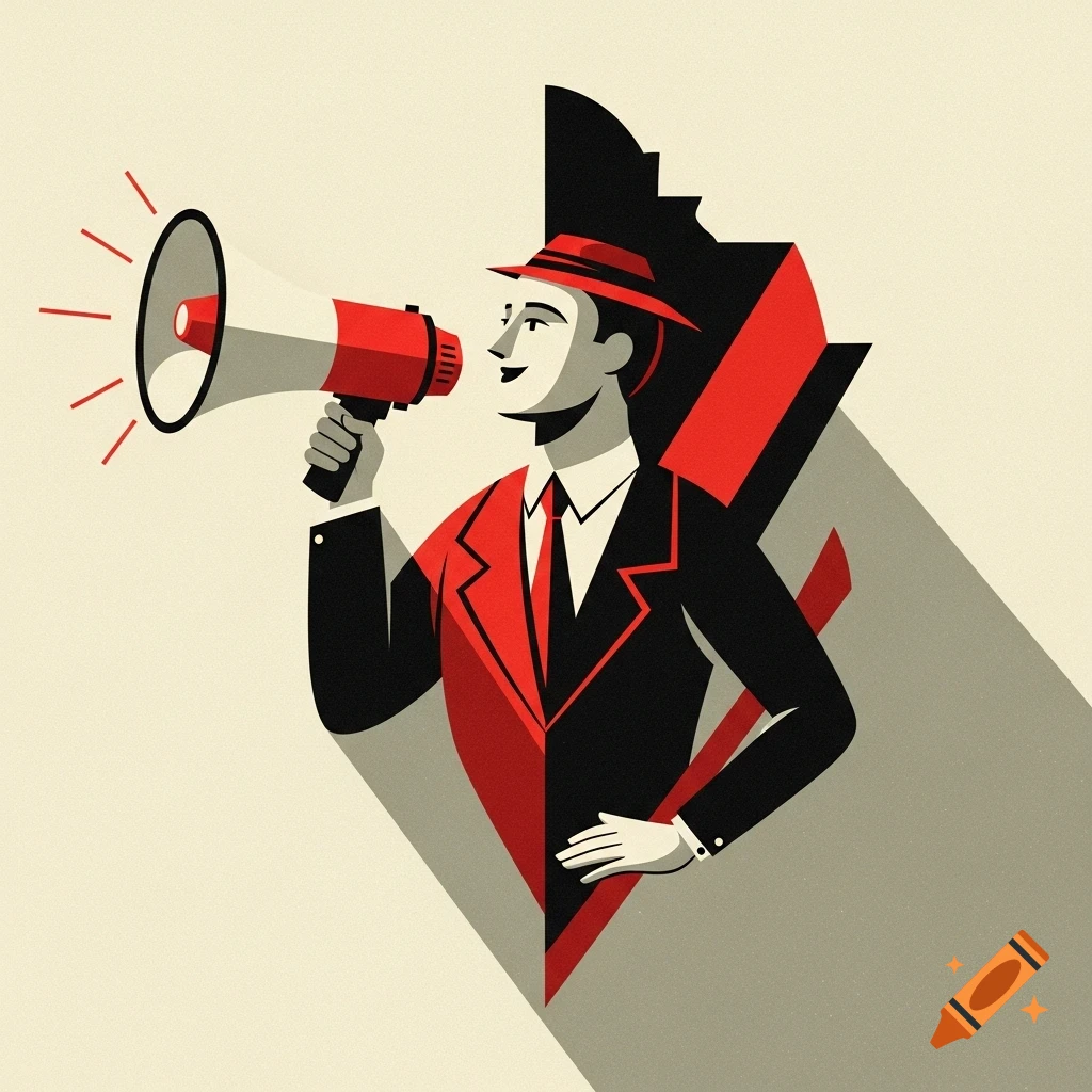 Stylized retro 1930s illustration of a man in a suit and fedora holding a red megaphone, against a cream, black, and red geometric background.