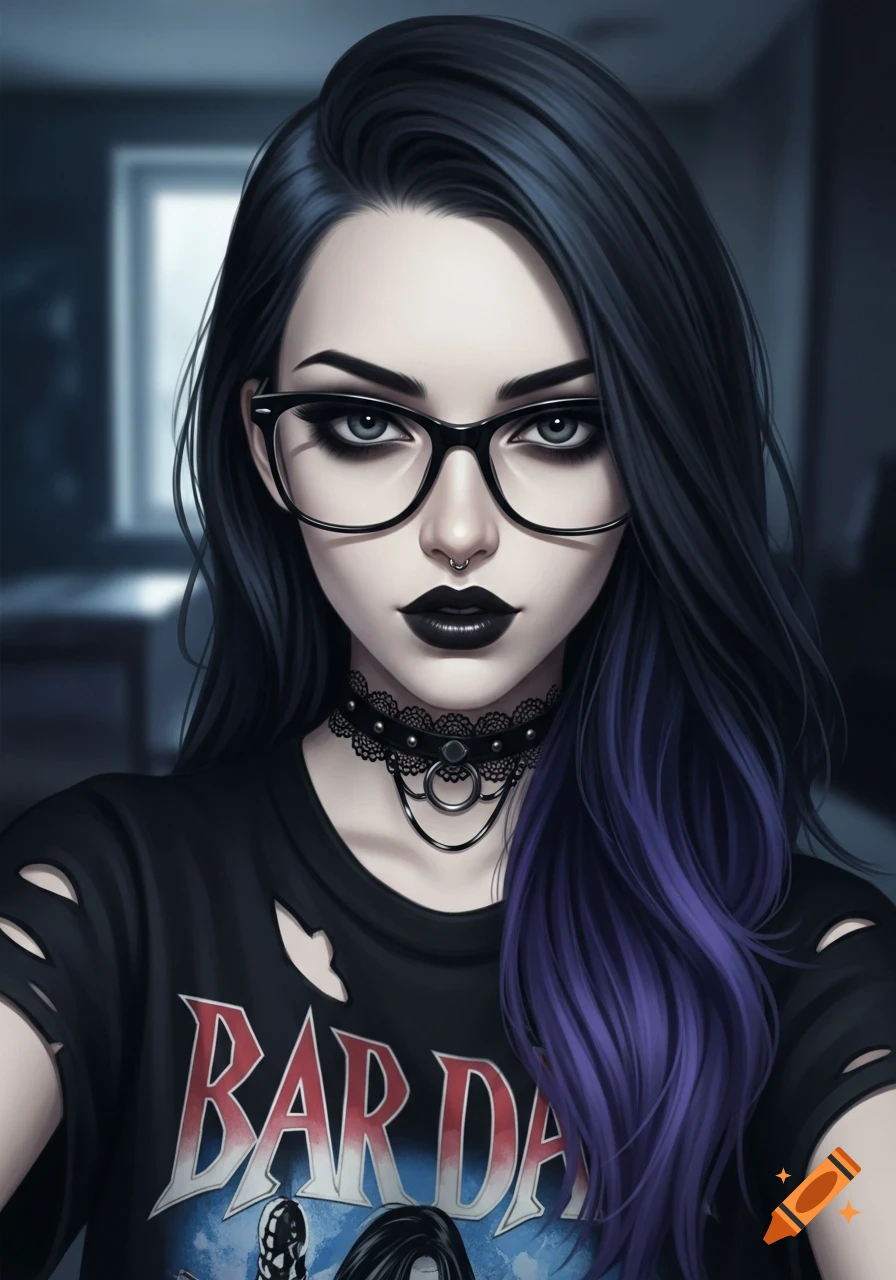 A stylized portrait of a goth girl with long dark hair, black glasses, dark makeup, a nose ring, and a ripped black t-shirt.