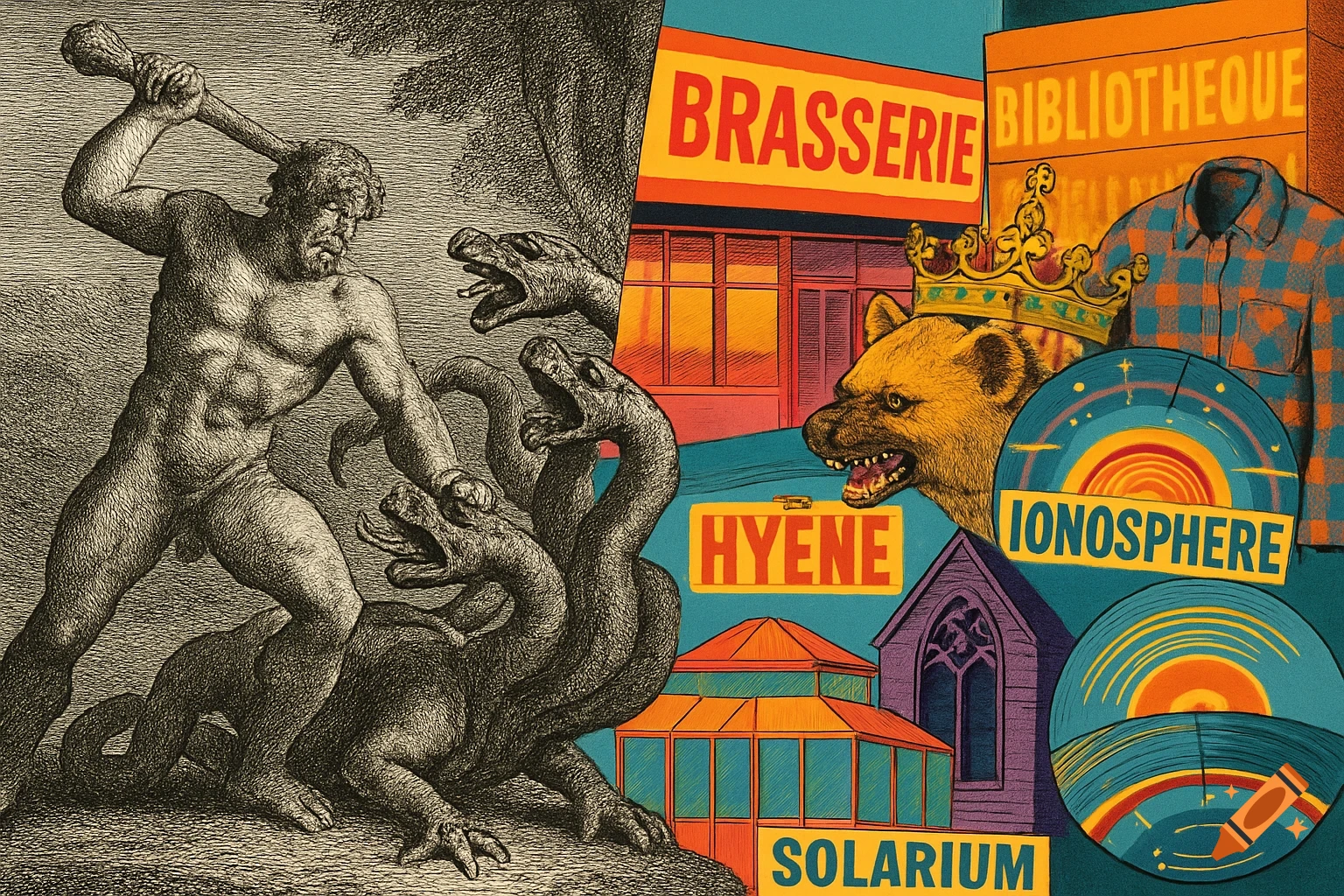 Split image: classical engraving of Hercules fighting a hydra on the left; colorful collage of signs, a crowned hyena on the right.