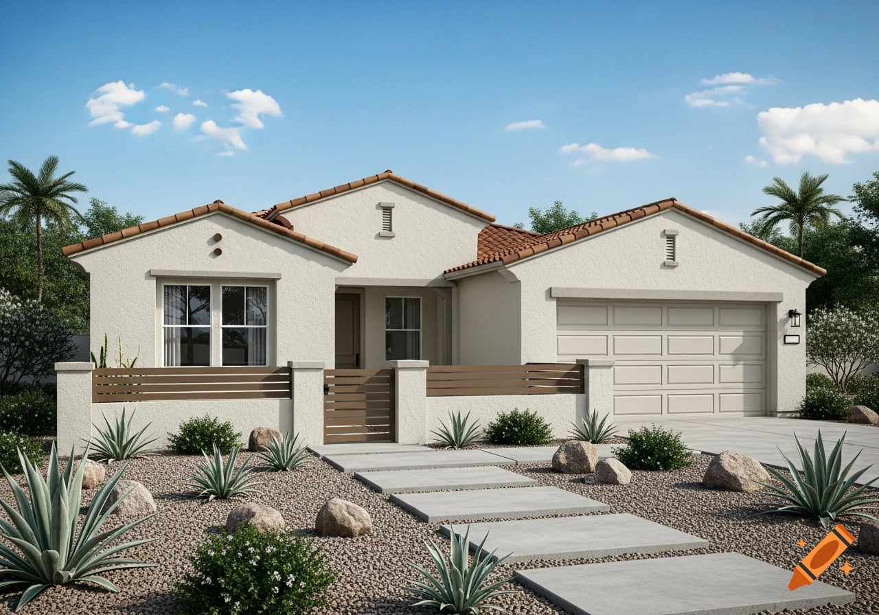 Photorealistic rendering of a single-story modern Mediterranean home with a clay tile roof, light-beige stucco, and desert landscaping.