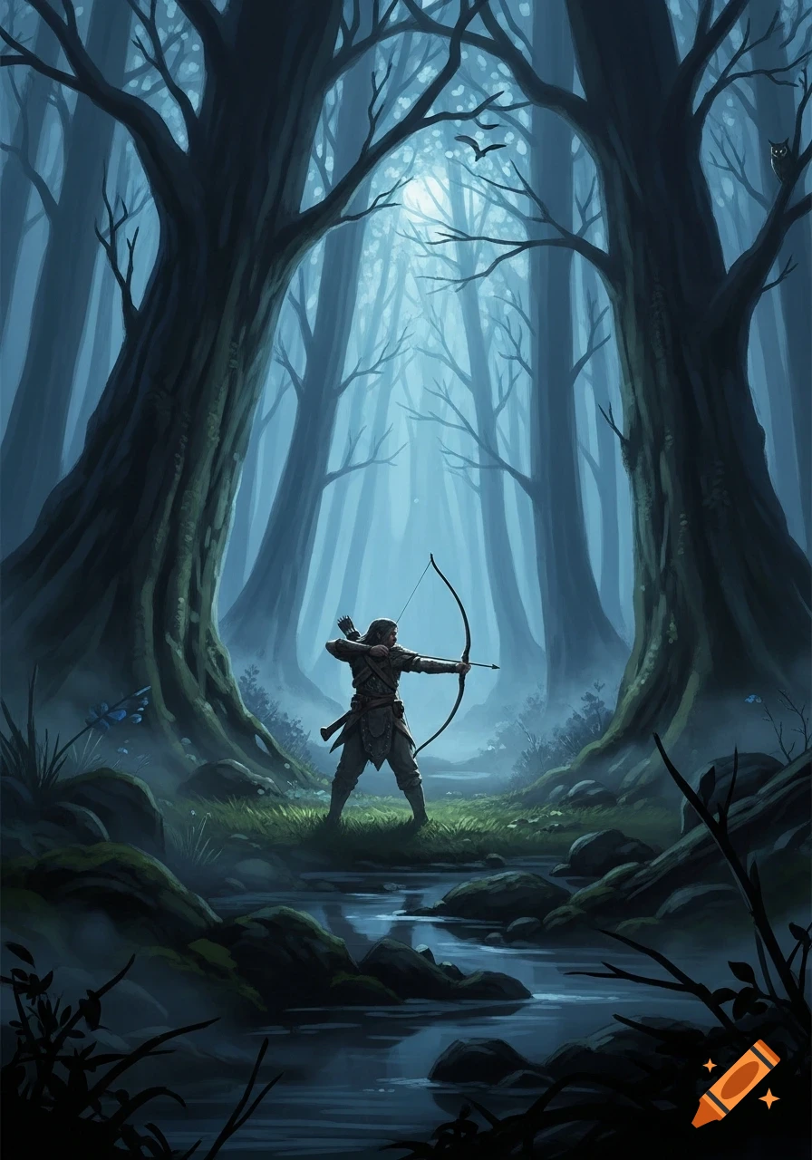 An archer draws a bow in a dark, mystical forest with light filtering through tall trees and a stream.