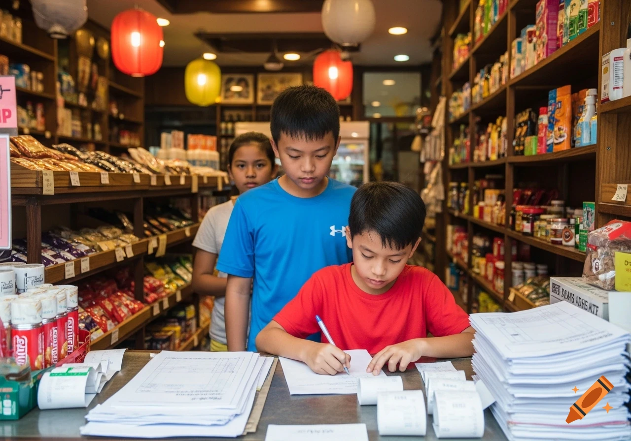 Three children in a store. A boy in a red shirt writes on papers at a counter, while another boy in a blue shirt stands behind him. A girl is visible further back. Shelves filled with various products line the store.