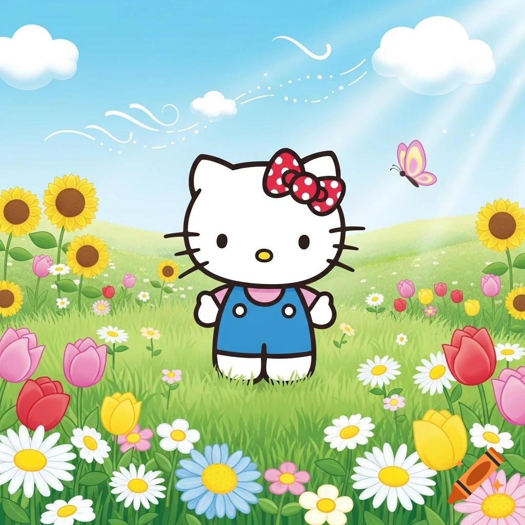 Hello Kitty stands in a vibrant green meadow filled with colorful flowers under a bright blue sky with clouds and a butterfly.