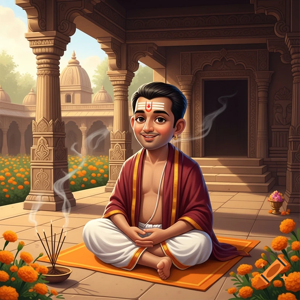 A cute cartoon Hindu pandit meditates on an orange mat outside a temple with marigold flowers and incense.
