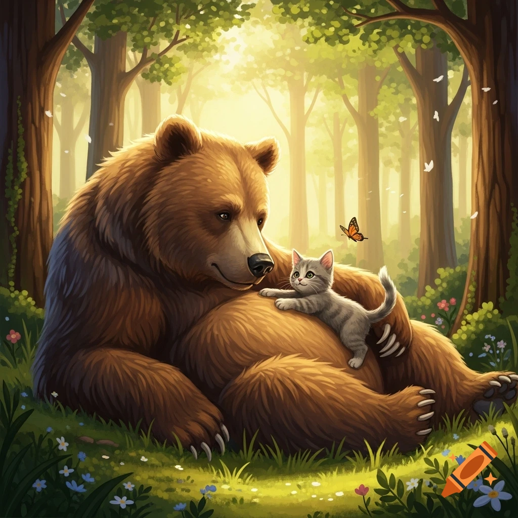 A large brown bear lies in a sunlit forest, gently looking at a small gray kitten nestled on its chest. A butterfly flies nearby.