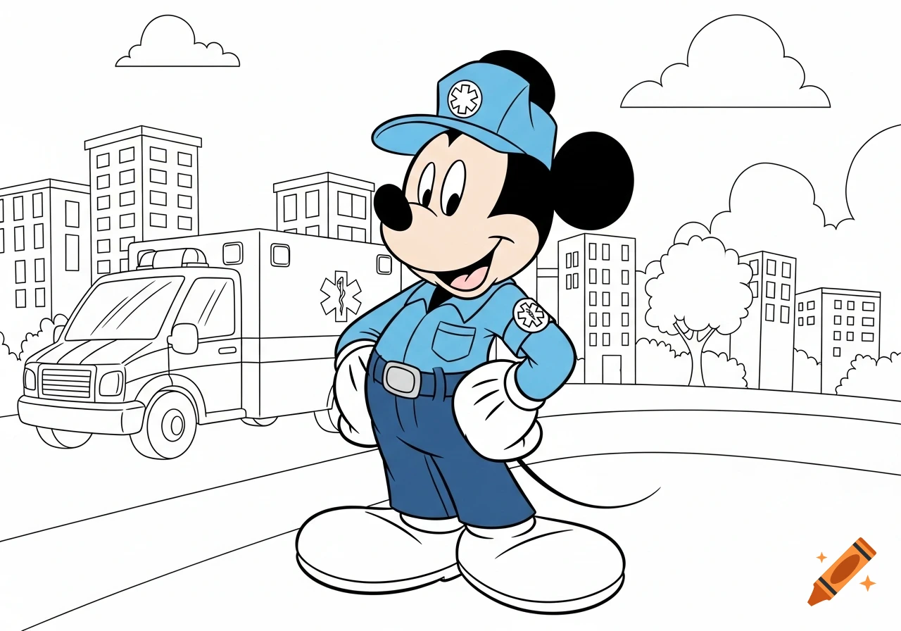 Mickey Mouse in a blue paramedic uniform standing in front of an ambulance in a coloring page style with a city background.