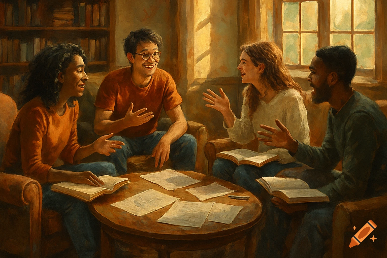 Four diverse students in a warm, painterly scene, seated in a circle with books and papers, engaged in lively discussion by a sunlit window.