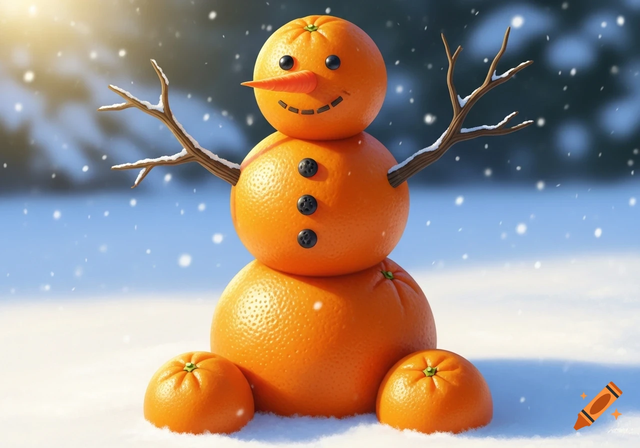 A cheerful snowman made of oranges, with stick arms, a carrot nose, and black buttons, stands in a snowy landscape with falling snow.