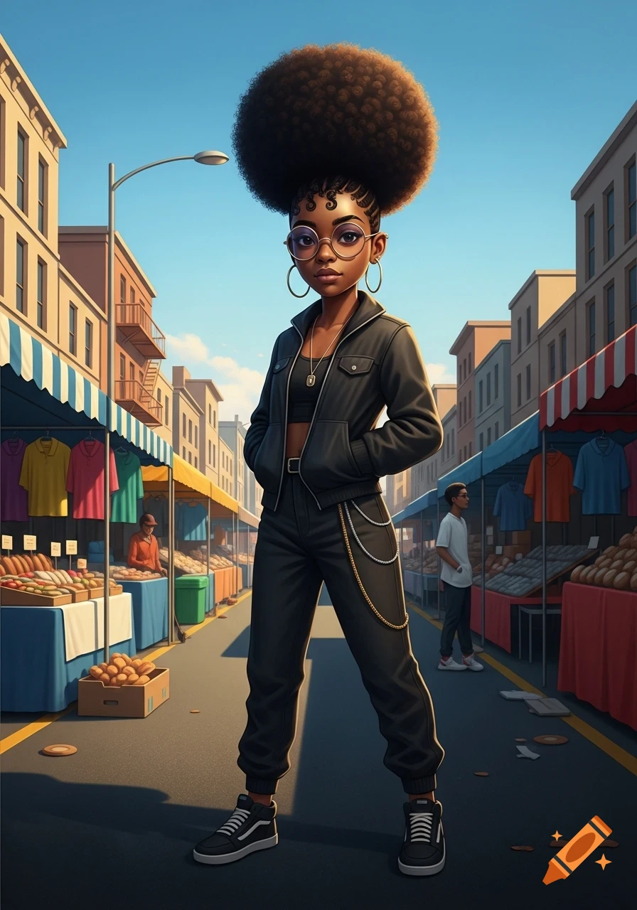 A stylized Black woman with a large afro, glasses, and a black outfit stands confidently in a bustling outdoor street market under a clear sky.